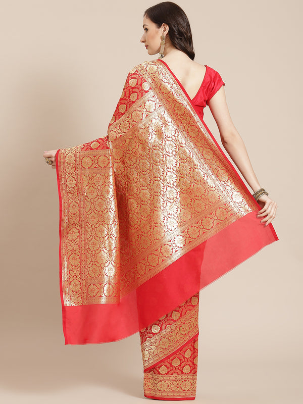 Red color zari work semi katan silk banarasi saree