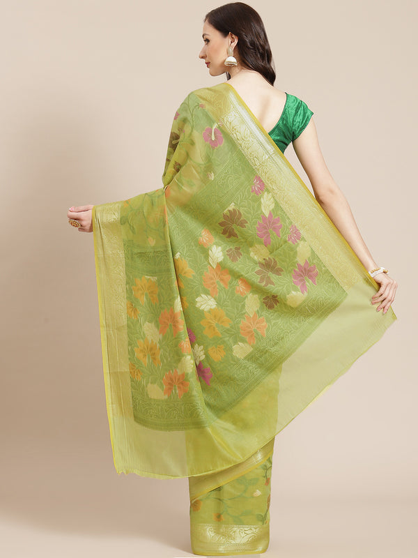 Green color cotton silk blend banarasi saree