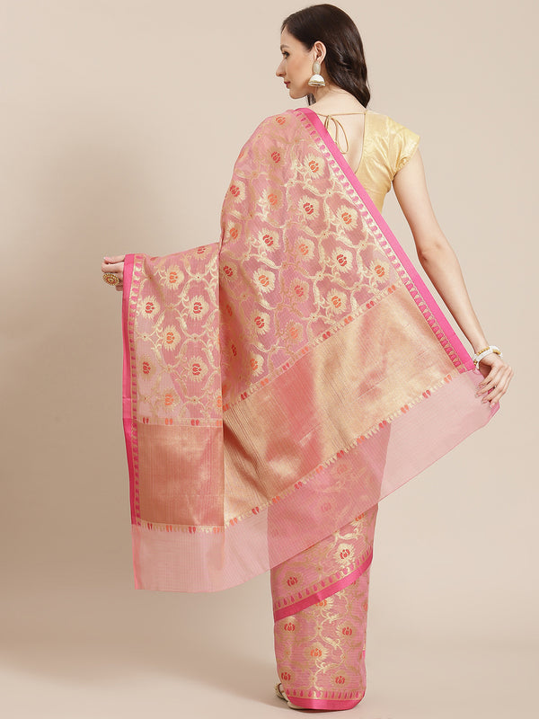 Pink Banarasi Cotton Silk Kota Check Saree