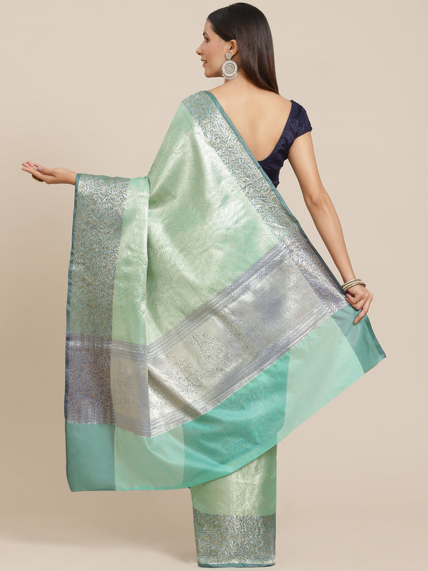 Teal green colored semi silk blend banarasi saree