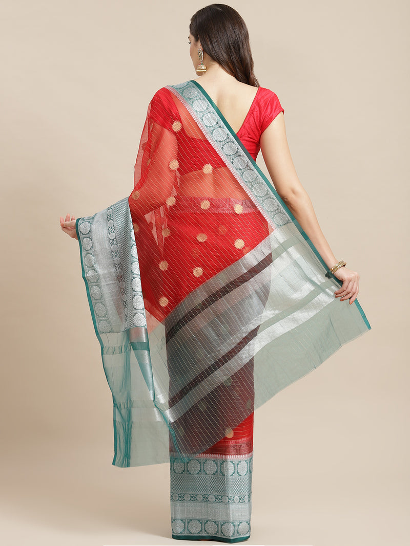 Red Semi Organza Silk Blend Banarasi Saree