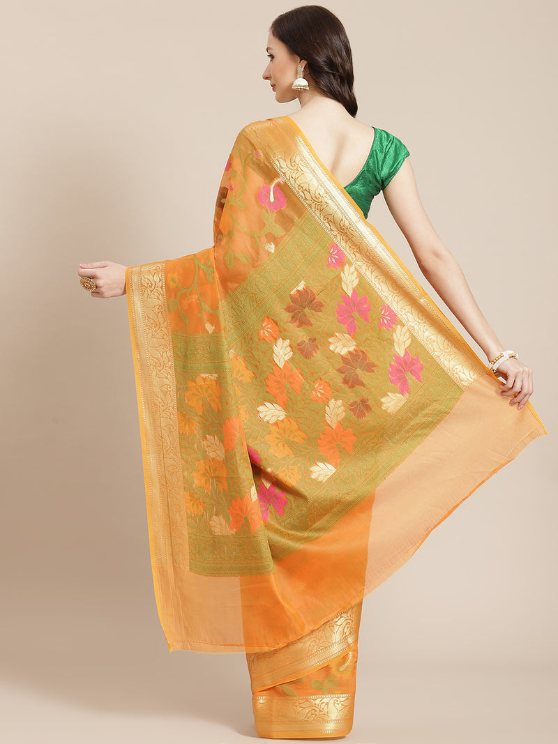 Orange cotton silk floral design banarasi saree