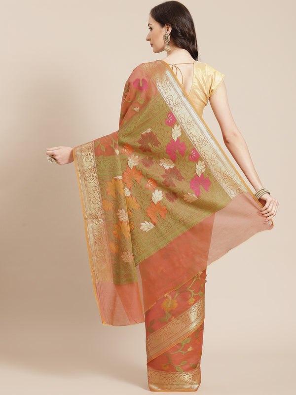 Peach cotton silk floral design banarasi saree