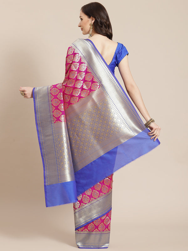 Pink and blue color semi katan silk banarasi saree