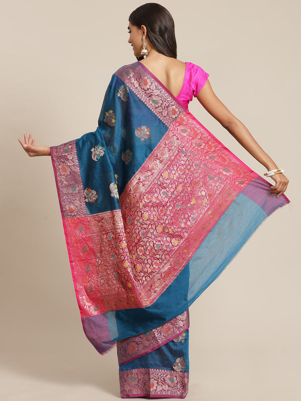 Blue and pink colored semi cotton saree
