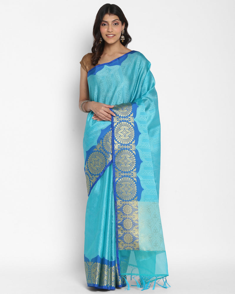Blue Powerloom Silk Blend Tanchoi Banarasi Saree