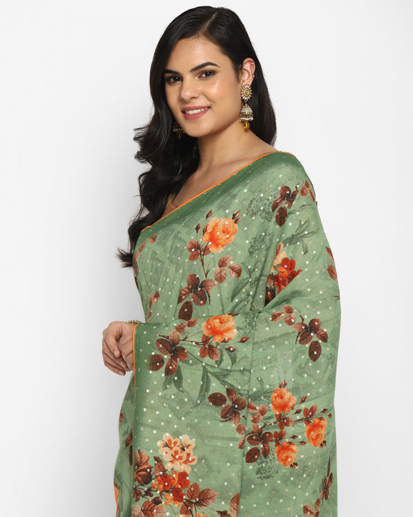 Green Munga Silk Digital Printed Saree