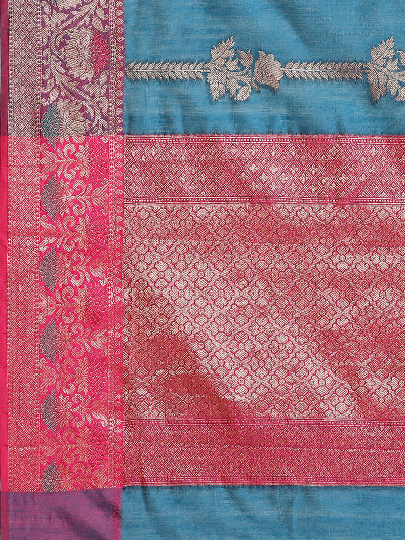 Blue and pink colored semi cotton  saree