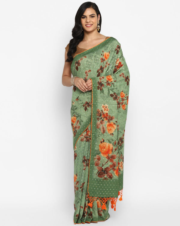 Green Munga Silk Digital Printed Saree