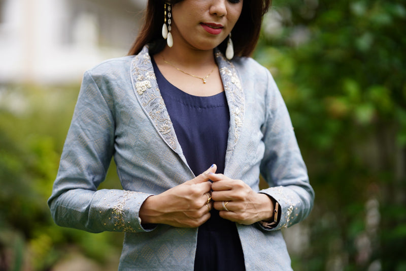 Navy Blue Jumpsuit with Grey Jacket
