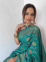 Turquoise Banarasi Pure Muga Silk Jaal Saree