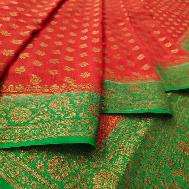 Red Pure Munga Silk Banarasi Skirt booti Saree