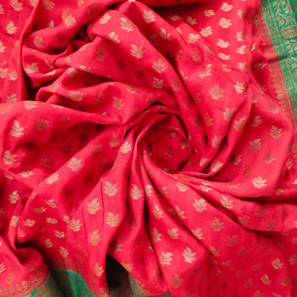 Red Pure Munga Silk Banarasi Skirt booti Saree