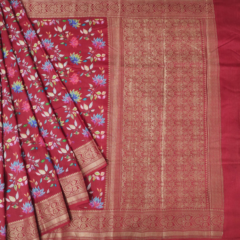 Maroon Pure Munga Silk Digital Print Banarasi Saree