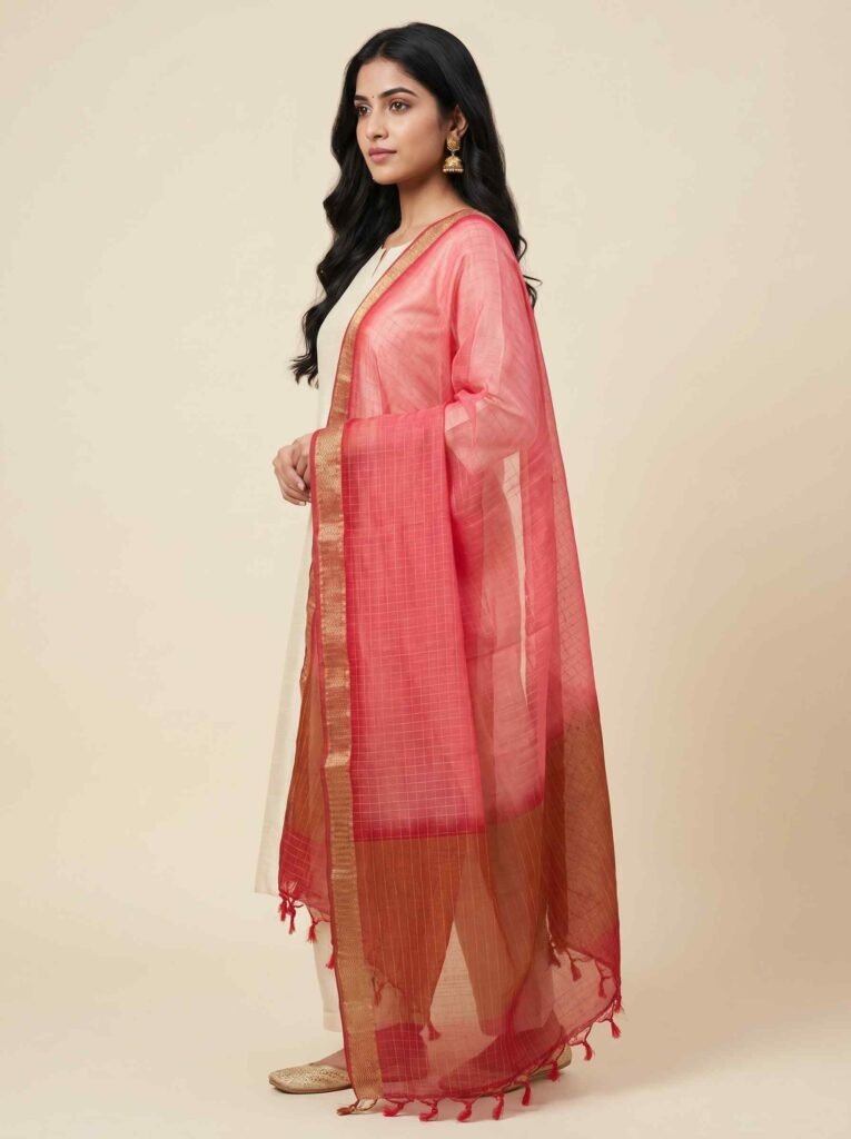 Red Chiffon Silk Pure Banarasi Dupatta