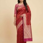 Red Cotton Silk Pure Banarasi Saree With Golden Zari Booti Work