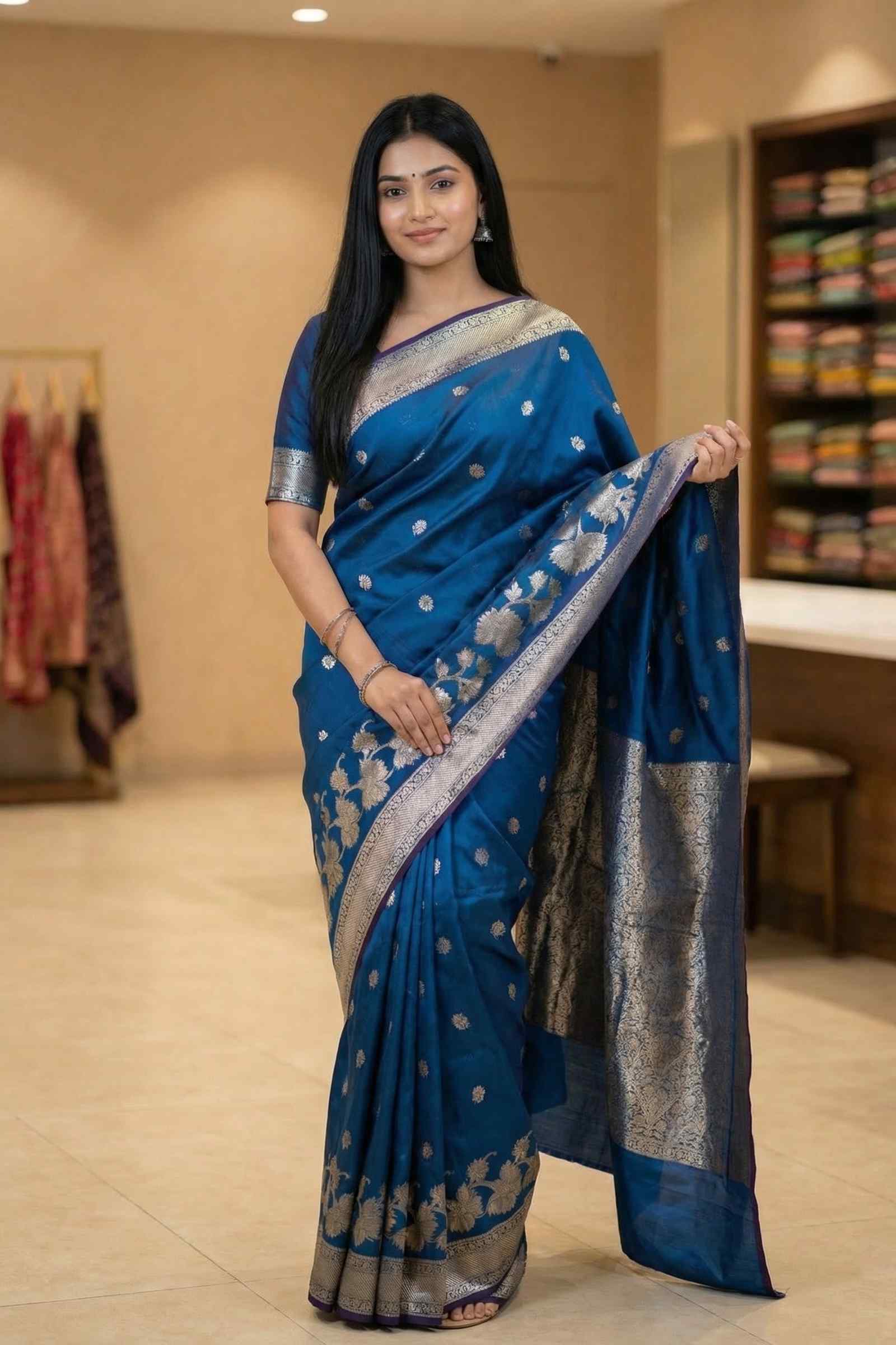 Banarasi Semi Silk Saree In Blue Colour With Floral Zari Work