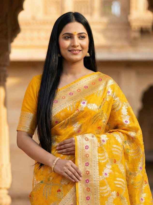 Mustard Cotton Silk Pure Banarasi Saree