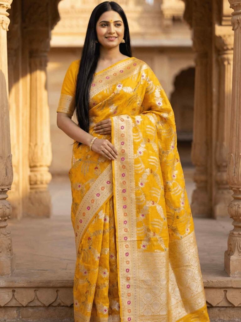 Yellow Cotton Silk Pure Banarasi Saree