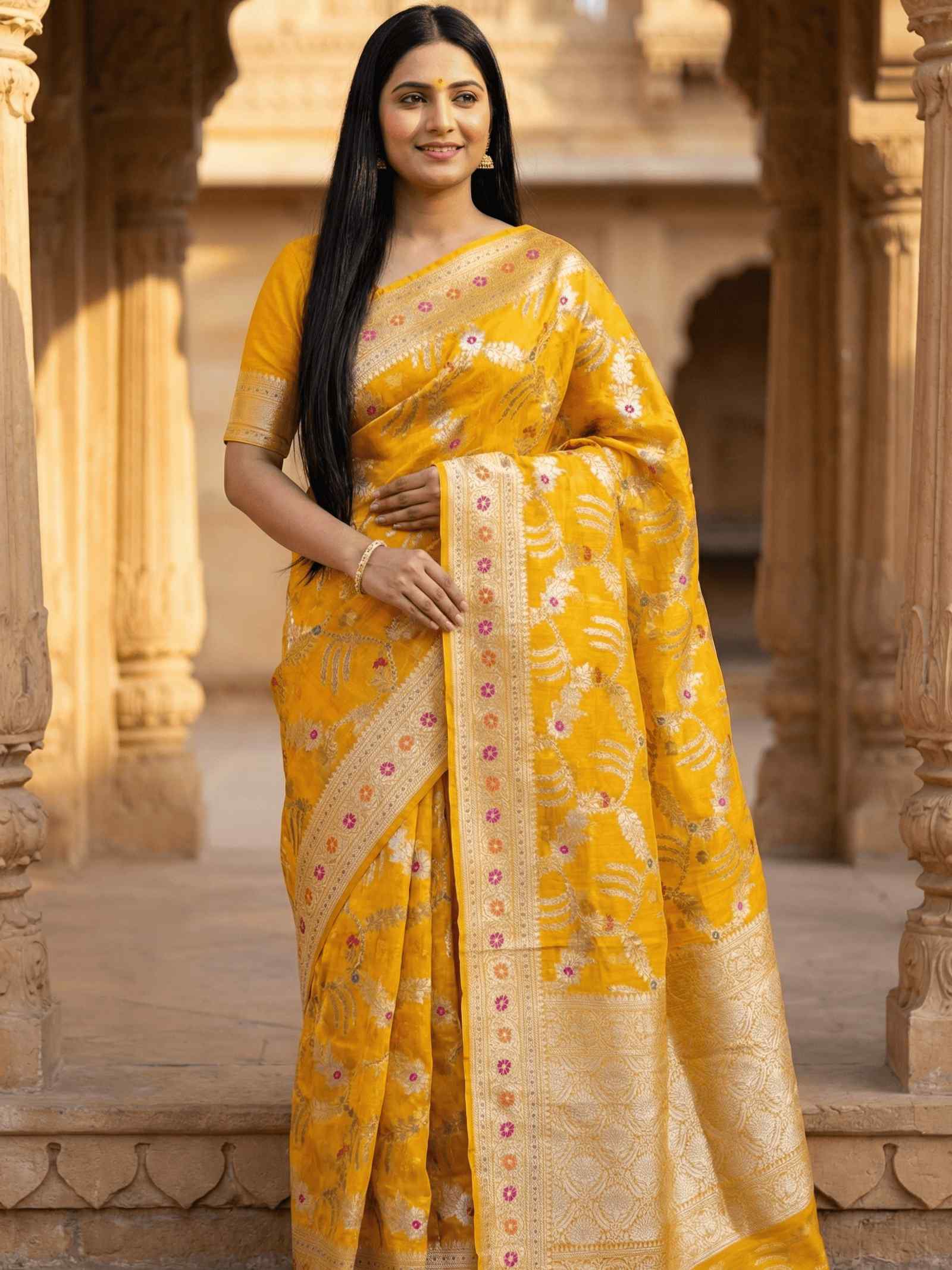 Mustard Cotton Silk Pure Banarasi Saree