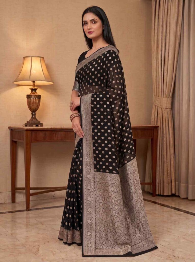 Black Khaddi Georgette Banarasi Silk Saree