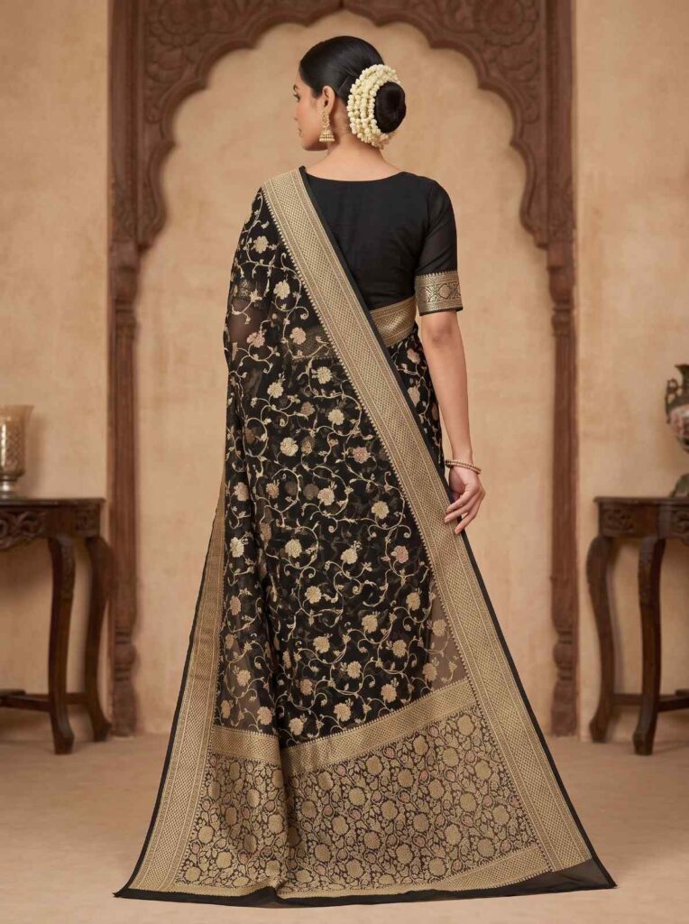 Black Handwoven Khaddi Georgette Banarasi Silk Saree