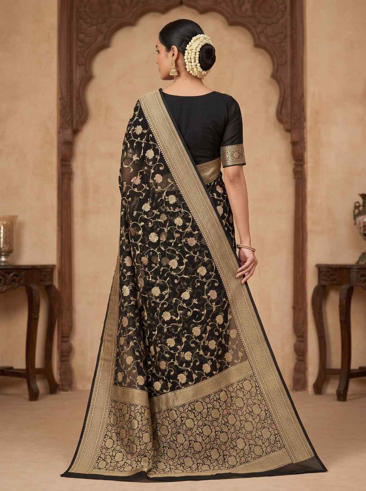 Black Handwoven Khaddi Georgette Banarasi Silk Saree