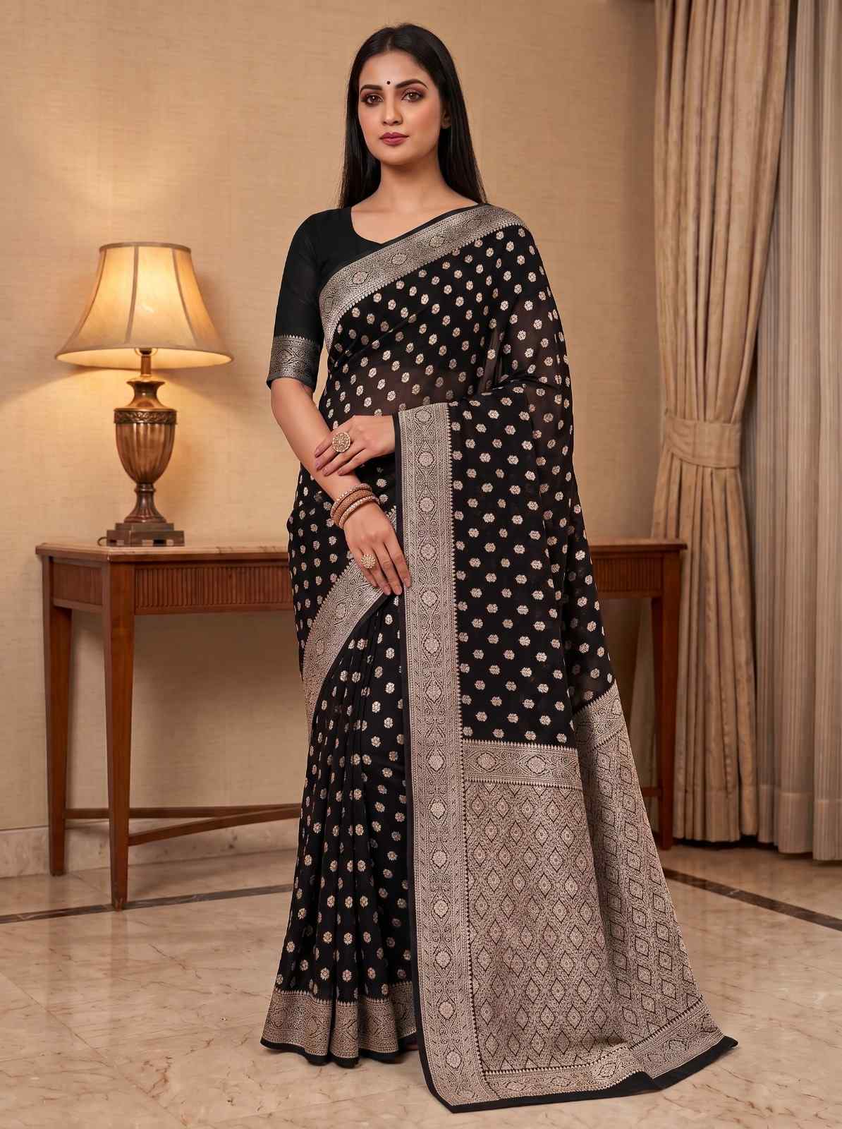 Black Khaddi Georgette Banarasi Silk Saree