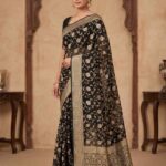 Black Handwoven Khaddi Georgette Banarasi Silk Saree