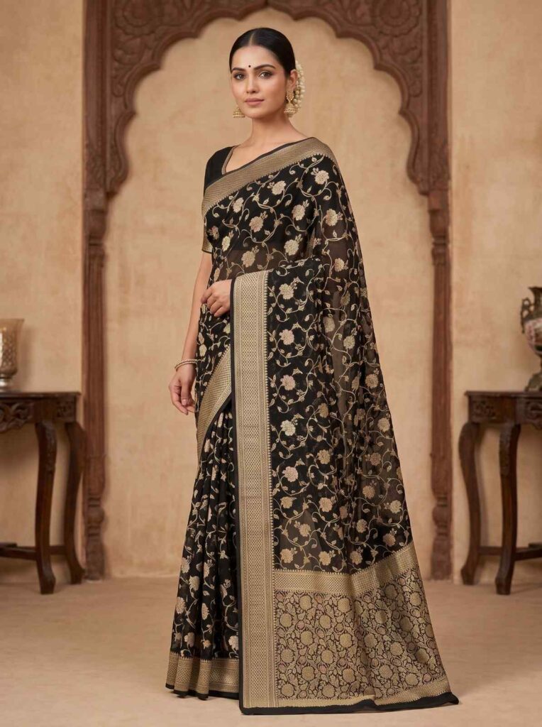 Black Handwoven Khaddi Georgette Banarasi Silk Saree