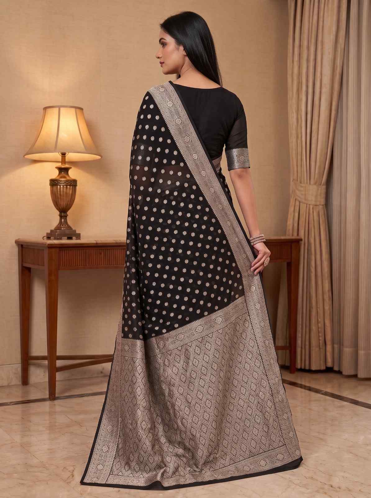 Black Khaddi Georgette Banarasi Silk Saree