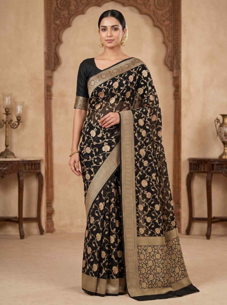 Black Handwoven Khaddi Georgette Banarasi Silk Saree