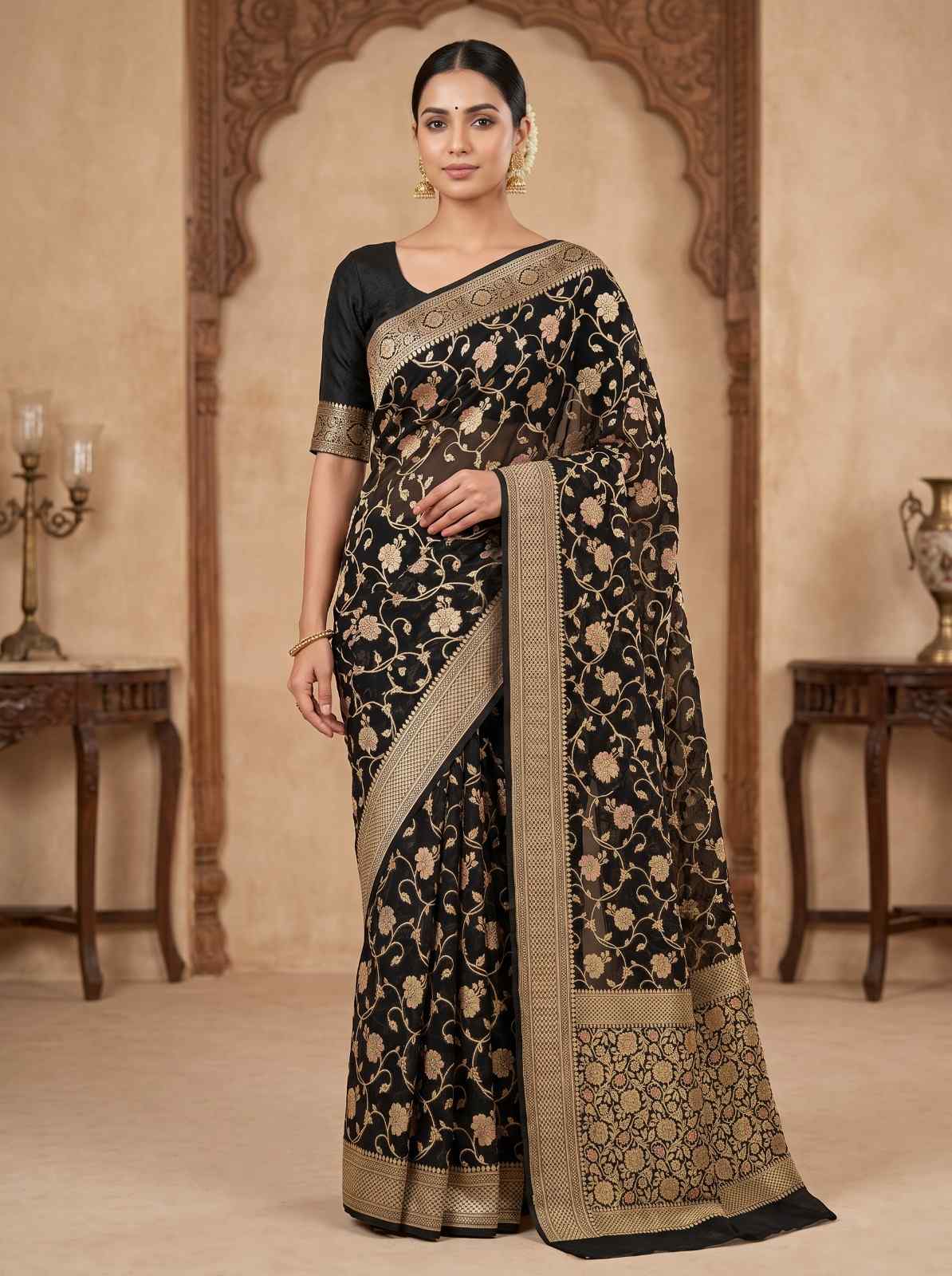 Black Handwoven Khaddi Georgette Banarasi Silk Saree