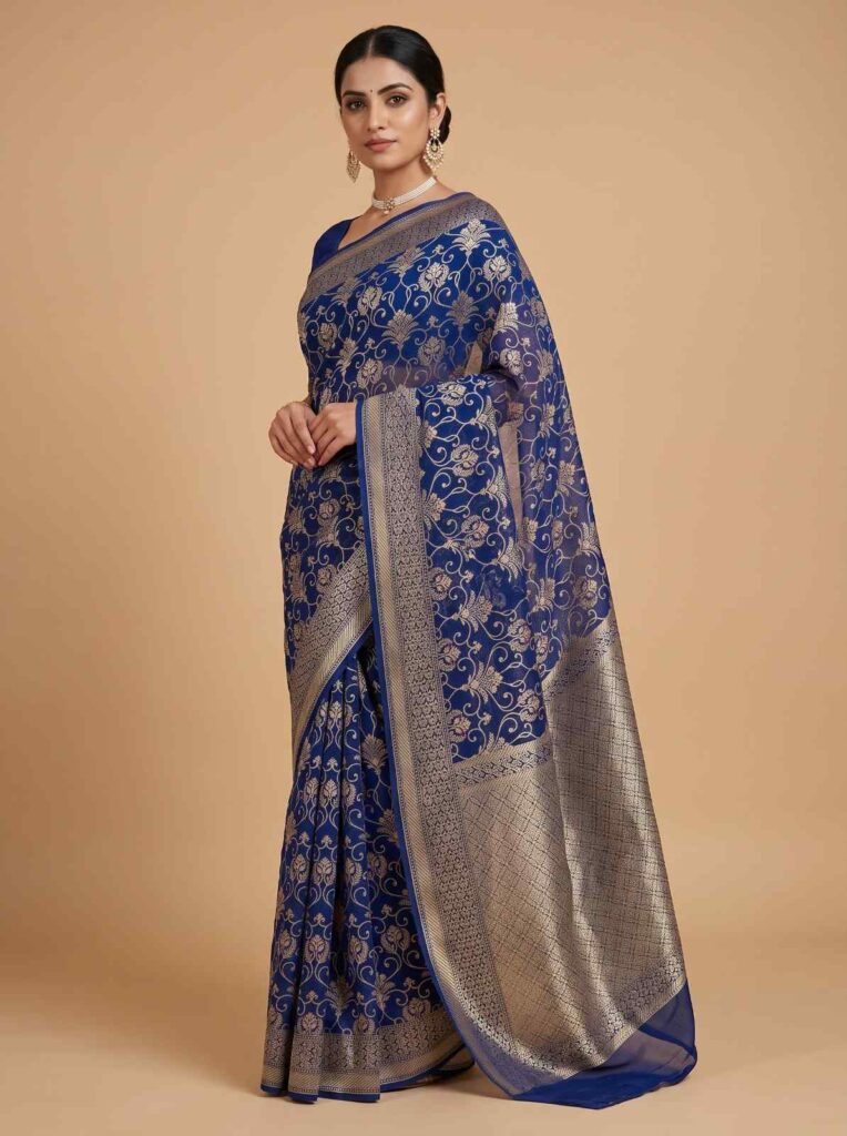 Blue Handwoven Khaddi Georgette Banarasi Silk Saree