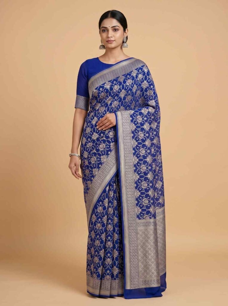 Blue Handwoven Khaddi Georgette Banarasi Silk Saree