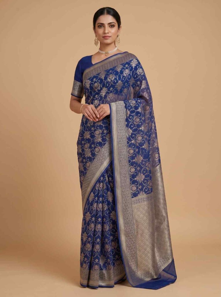 Blue Handwoven Khaddi Georgette Banarasi Silk Saree