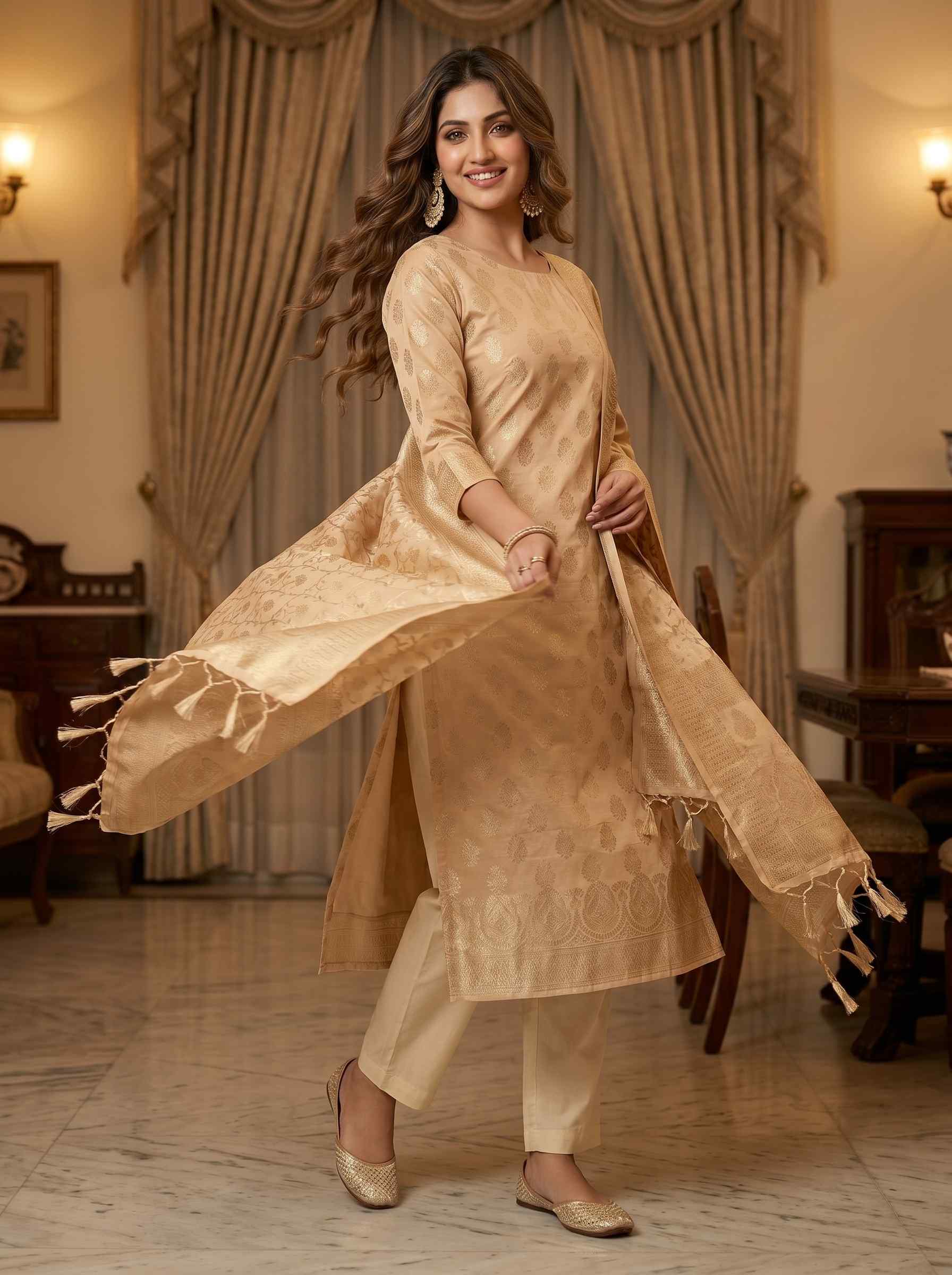 Beige Semi Silk Banarasi Dress Material