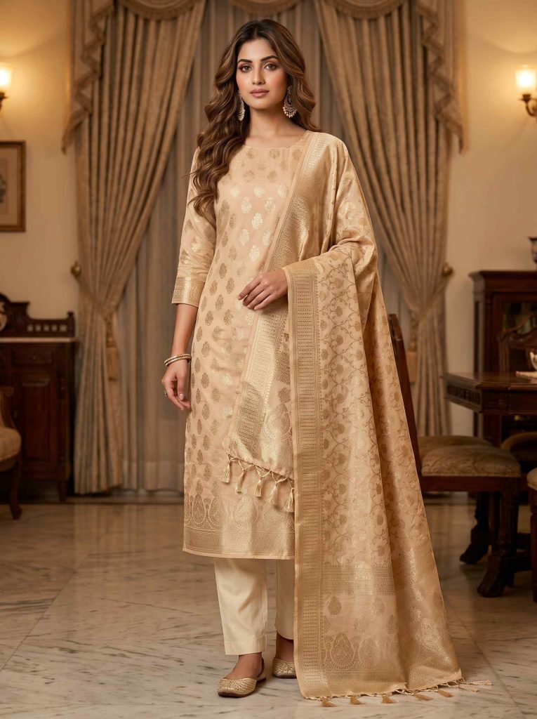 Beige Semi Silk Banarasi Dress Material