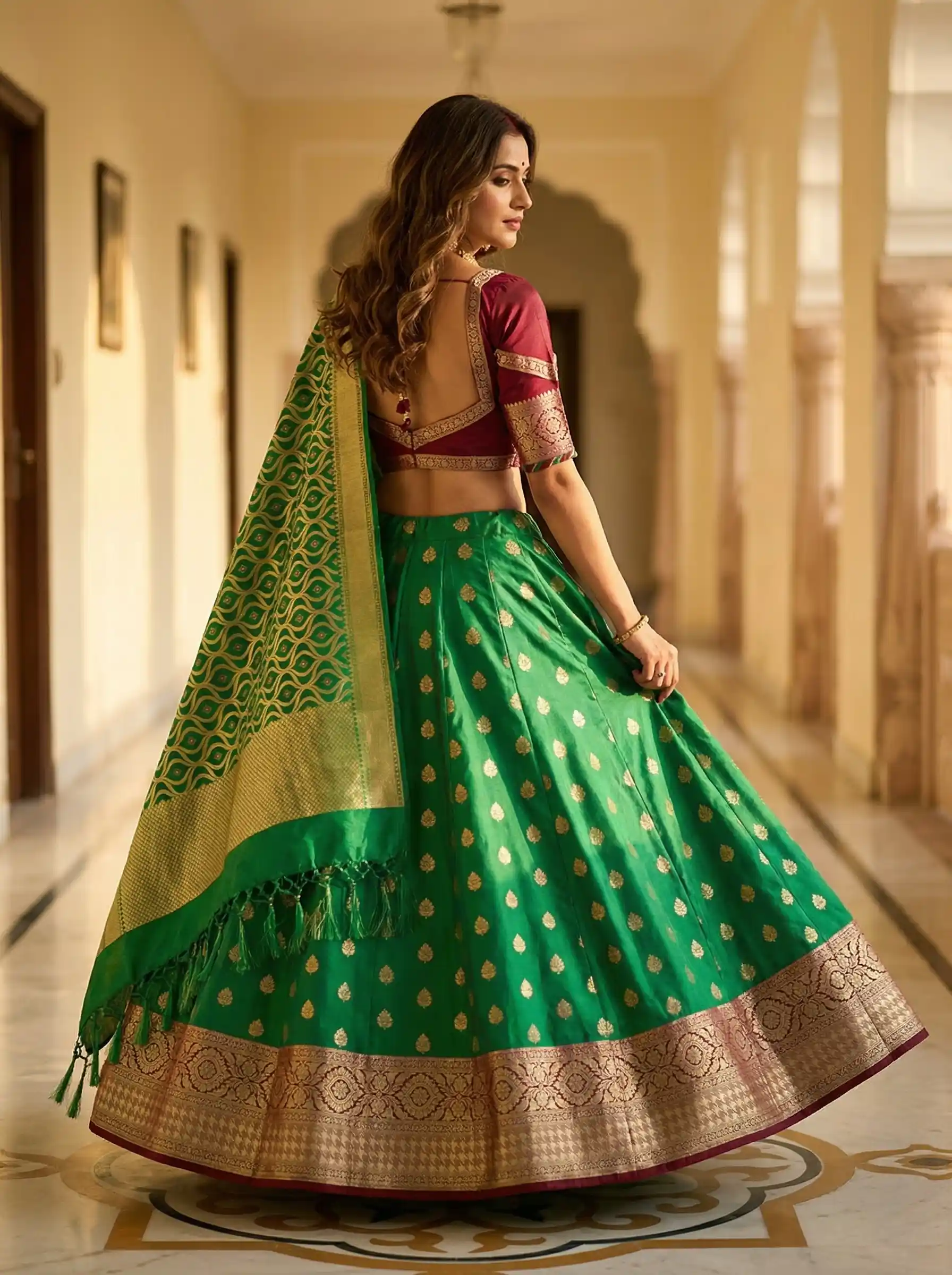 Green Semi Silk Unstiched Banarasi Lehenga