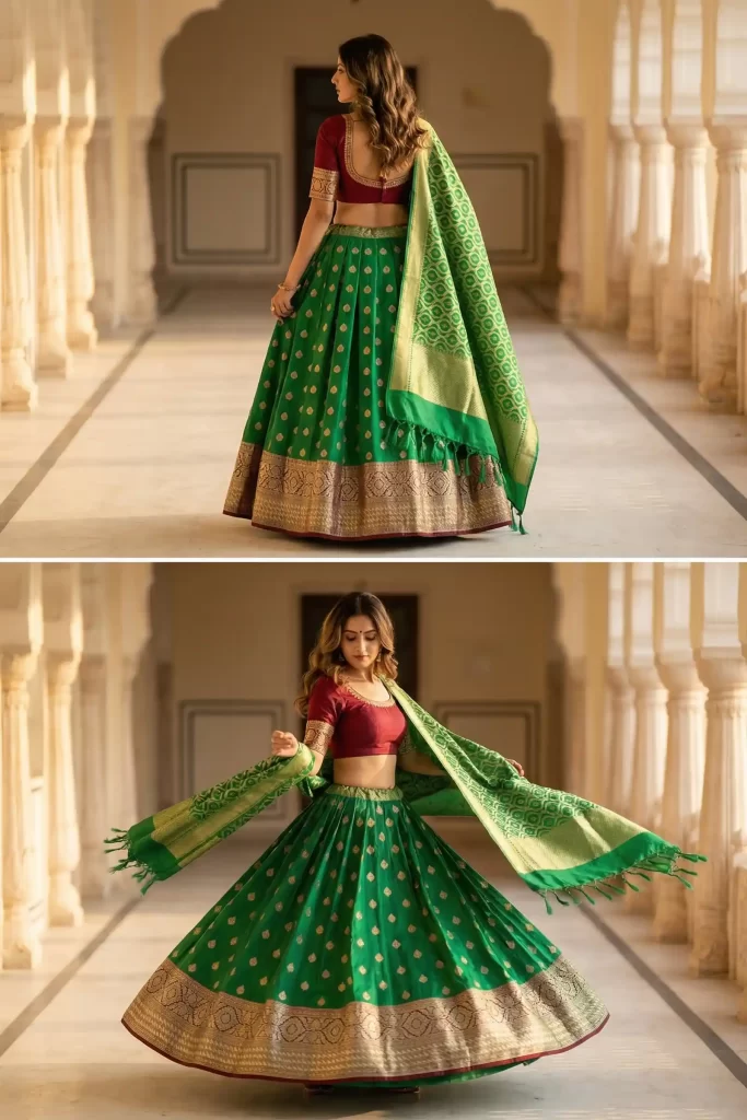 Green Semi Silk Unstiched Banarasi Lehenga