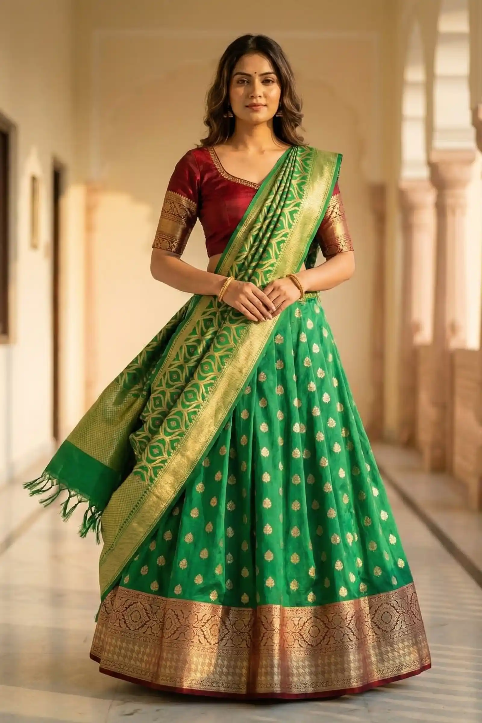 Green Semi Silk Unstiched Banarasi Lehenga