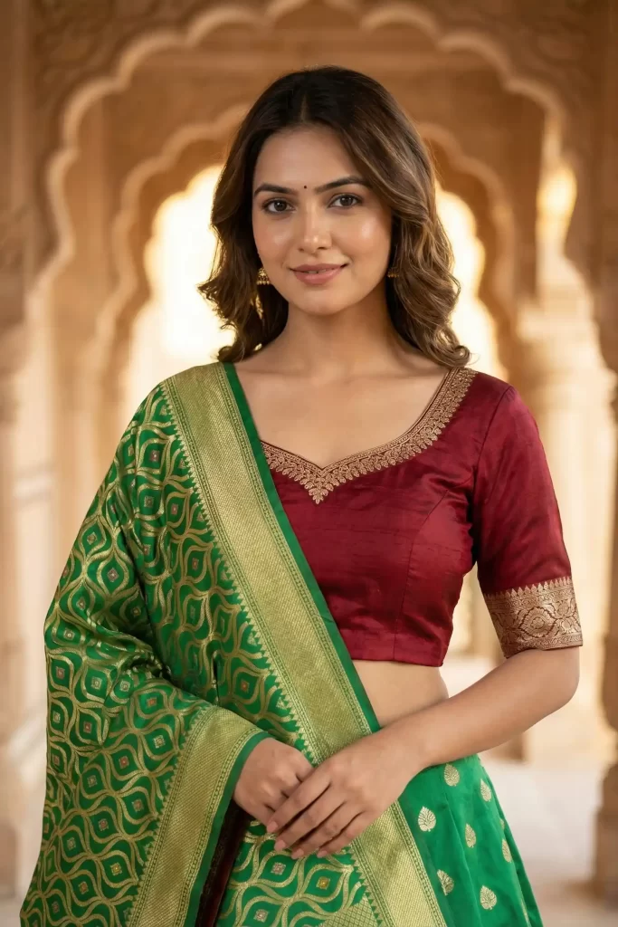 Green Semi Silk Unstiched Banarasi Lehenga