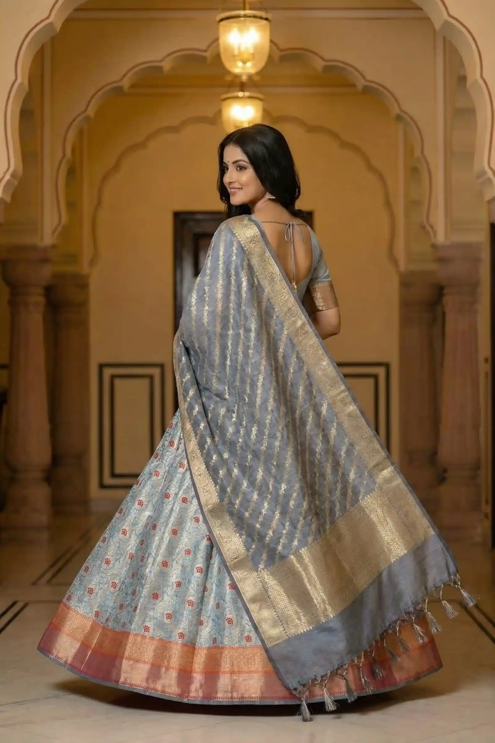Grey Kataan Silk Banarasi Lehenga