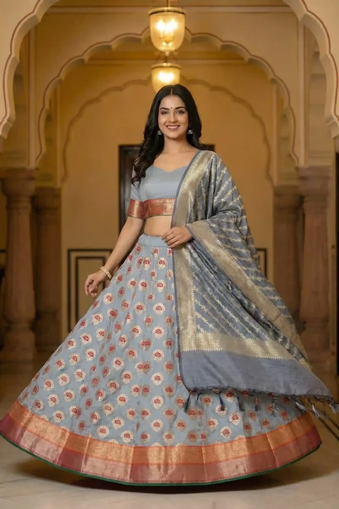 Grey Kataan Silk Banarasi Lehenga