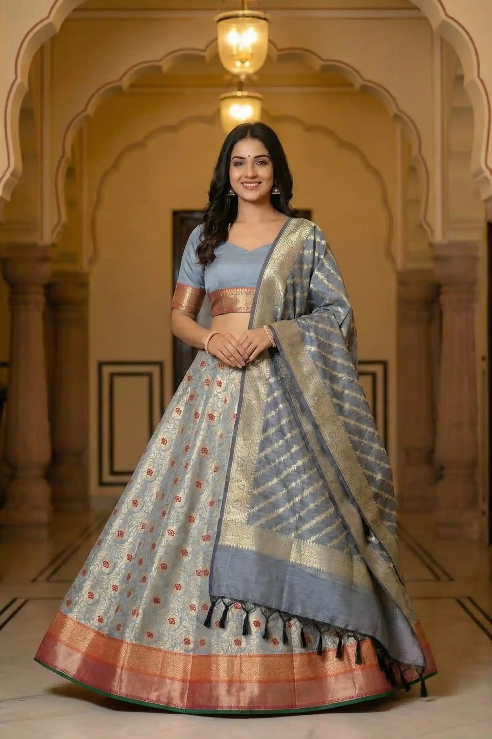 Grey Kataan Silk Banarasi Lehenga