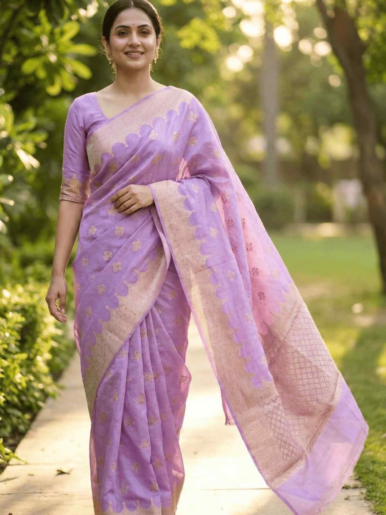 Lavender Viscose Silk Pure Banarasi Saree With Beautiful Floral Zari & Red Minakari Work