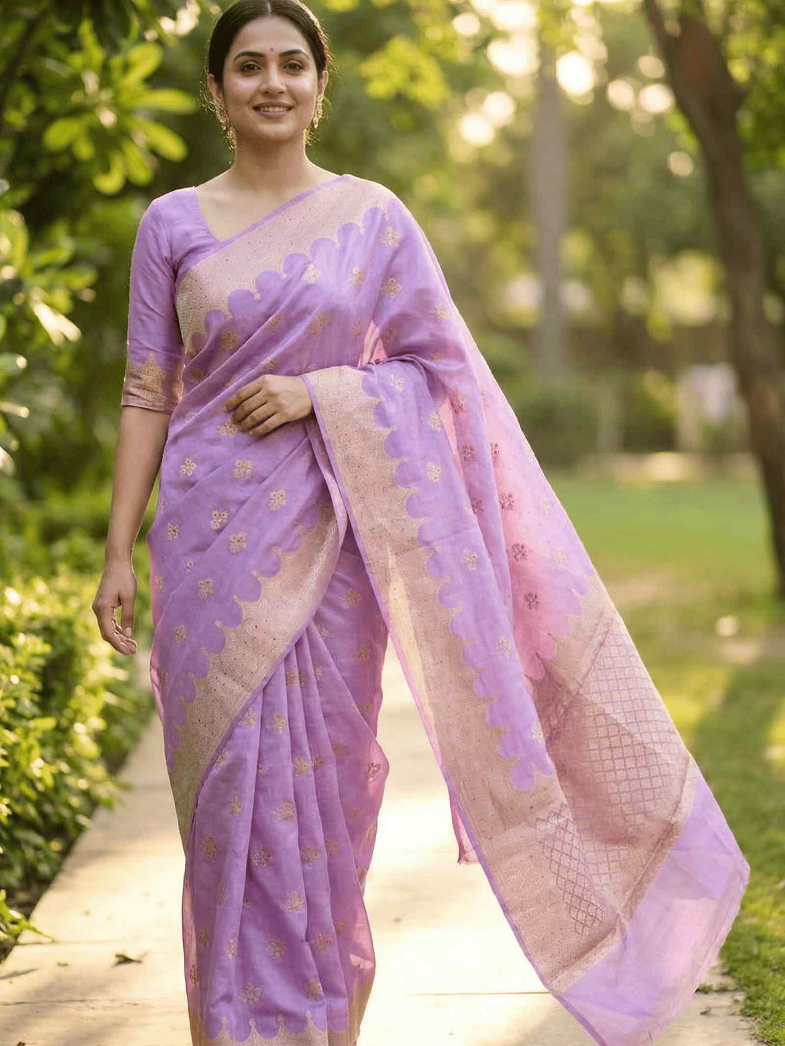 Lavender Viscose Silk Pure Banarasi Saree With Beautiful Floral Zari & Red Minakari Work