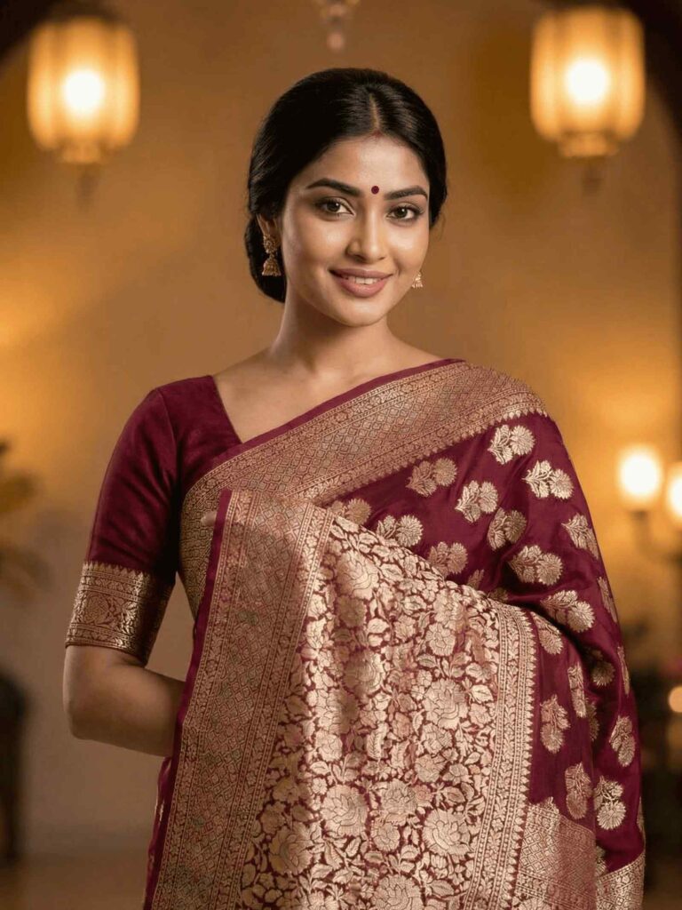 Maroon Handwoven Khaddi Georgette Banarasi Silk Saree