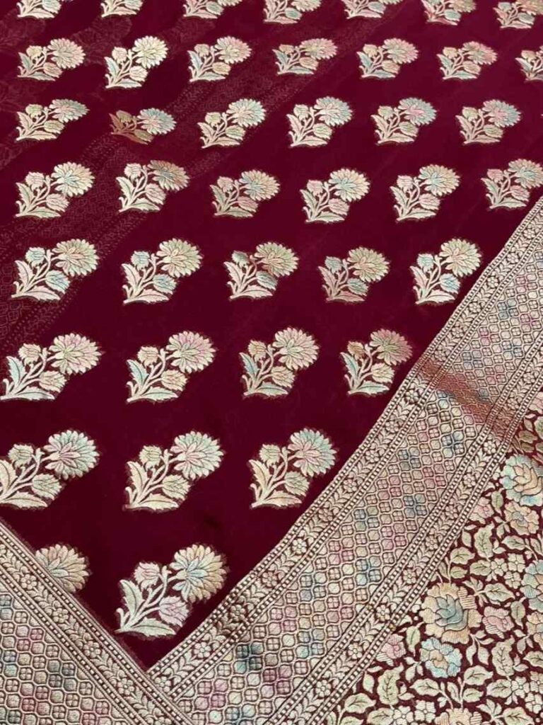 Maroon Handwoven Khaddi Georgette Banarasi Silk Saree