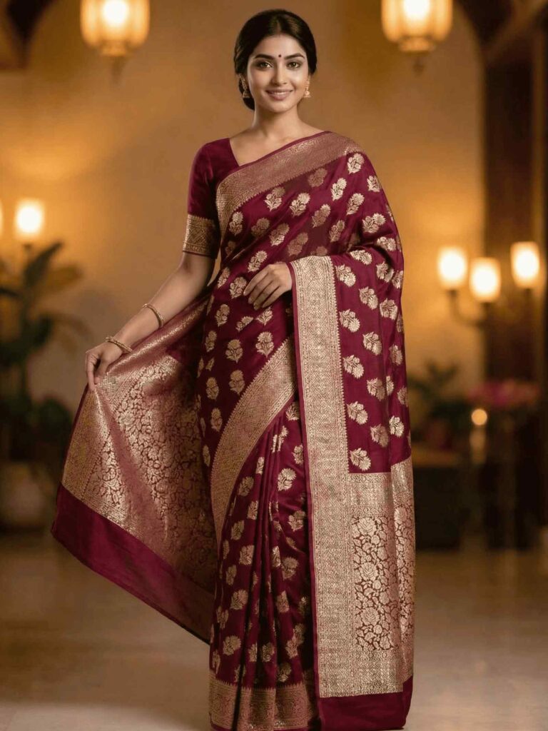 Maroon Handwoven Khaddi Georgette Banarasi Silk Saree